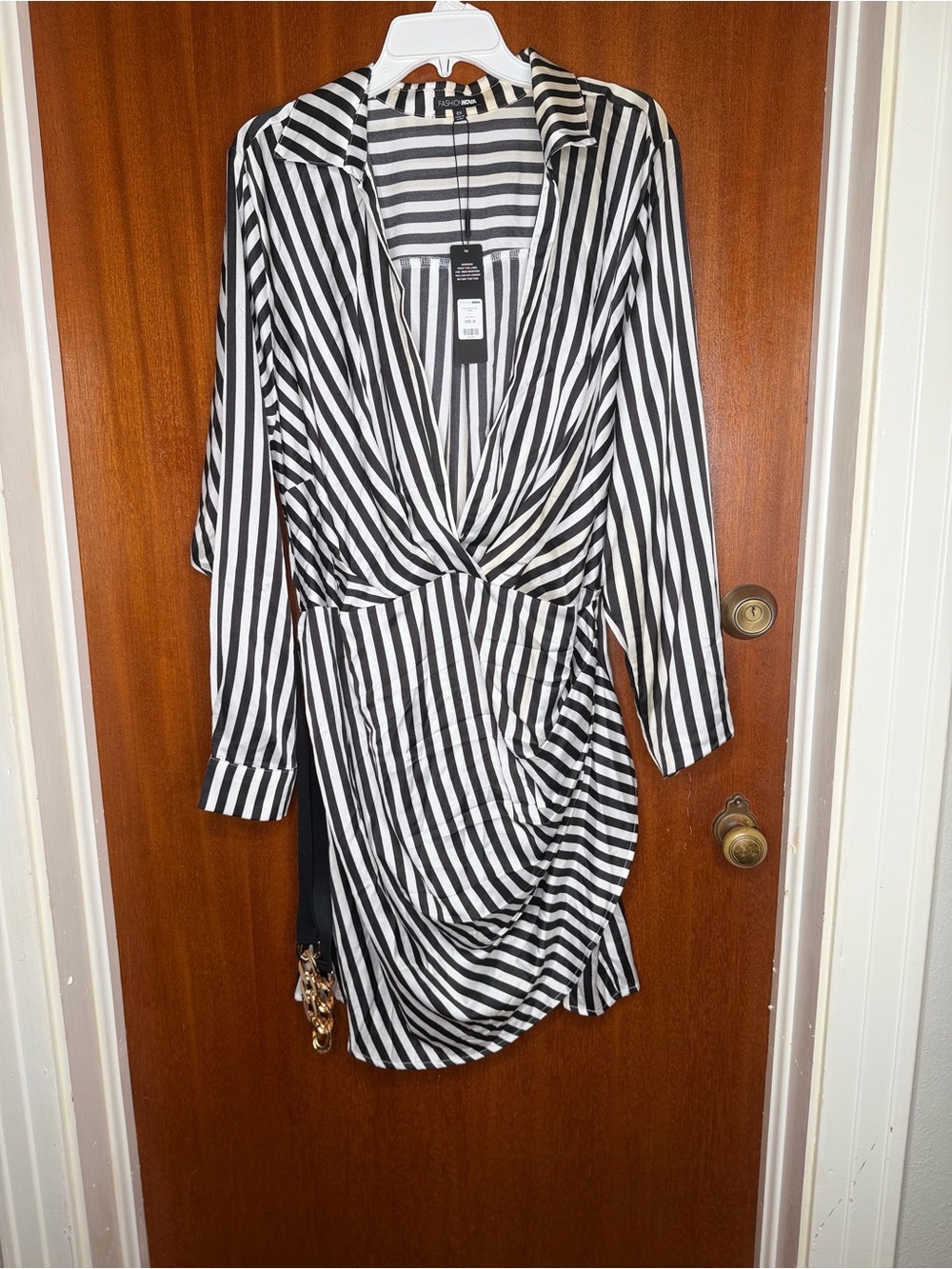 Fashion Nova Black & White Striped Long Sleeve Wrap Dress
